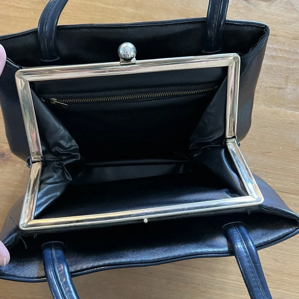 Vintage 1960s Mod Dover Navy Blue Patent Top Handle Frame Handbag Made in USA